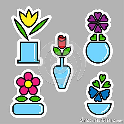 Set of flowers in vases Cartoon Illustration