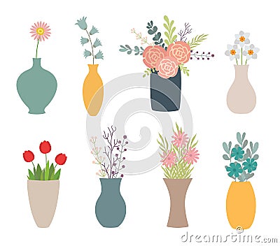 Set of flowers in vases on white Vector Illustration