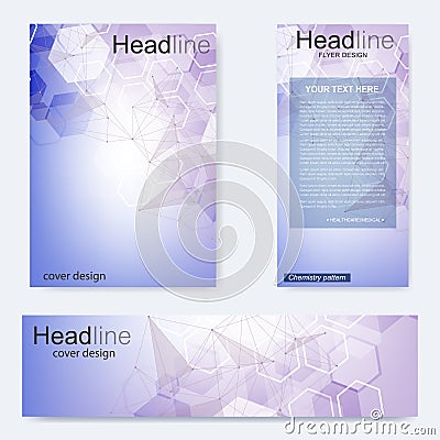 Set flyer, brochure size A4 template,banner. Molecular structure with connected lines and dots. Scientific pattern atom Vector Illustration