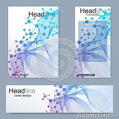 Set flyer, brochure size A4 template,banner. Molecular structure with connected lines and dots. Scientific pattern atom Vector Illustration