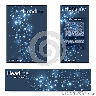 Set flyer, brochure size A4 template,banner. Molecular structure with connected lines and dots. Scientific pattern atom Vector Illustration