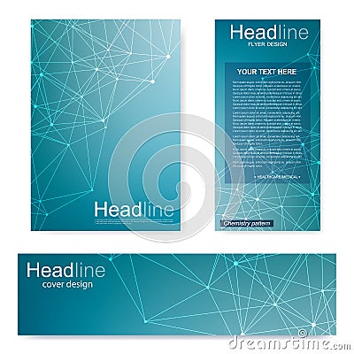 Set flyer, brochure size A4 template,banner. Molecular structure with connected lines and dots. Scientific pattern atom Vector Illustration