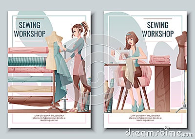 Set of Flyer design with a seamstress working on a sewing machine Banner poster with a girl creating clothes on a Vector Illustration