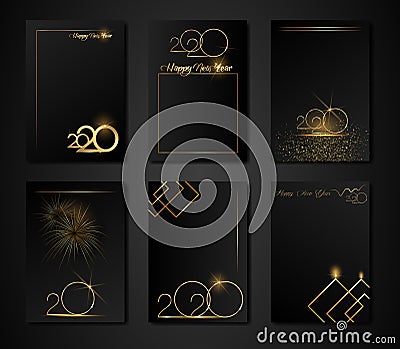 Set of Flyer, poster, banner, brochure design templates for Happy new year 2020. black and gold colors. Christmas theme, fireworks Vector Illustration