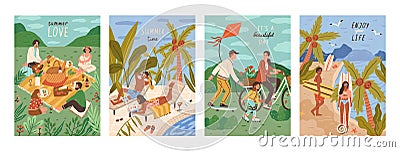 Set of flyers with people performing outdoor leisure activities - friends at picnic, couple sunbathing at swimming pool Vector Illustration