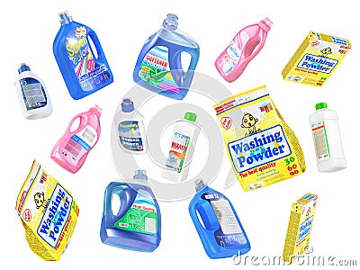 Set of flying detergent bottles Cartoon Illustration