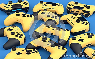 Set of flying gamer joysticks or gamepads on blue background Stock Photo