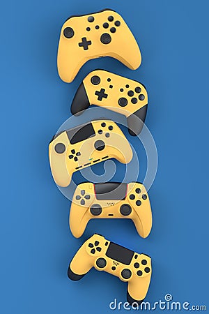 Set of flying gamer joysticks or gamepads on blue background Stock Photo