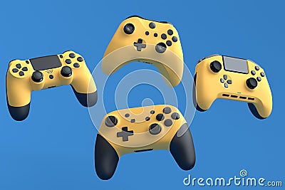 Set of flying gamer joysticks or gamepads on blue background Stock Photo