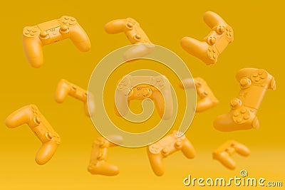 Set of flying gamer joysticks or gamepads on monochrome background Stock Photo