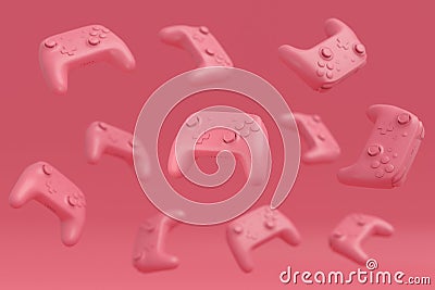 Set of flying gamer joysticks or gamepads on monochrome background Stock Photo