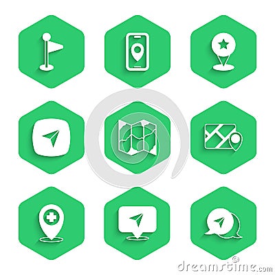 Set Folded map, Infographic of city navigation, Location with cross hospital, Map pointer star and marker icon. Vector Vector Illustration