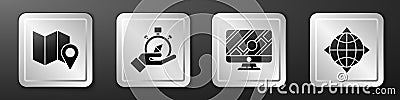 Set Folded map with location marker, Compass, Monitor with location marker and World globe with compass icon. Silver square button Stock Photo