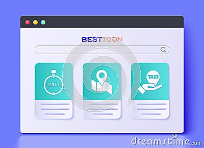 Set Folded map with location marker, Stopwatch 24 hours and Hand on map pointer with taxi icon. Vector Vector Illustration