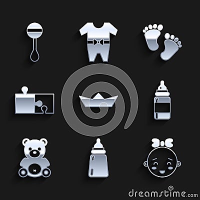 Set Folded paper boat, Baby bottle, Happy little girl head, Teddy bear plush toy, Piece of puzzle, footprints and Rattle Vector Illustration