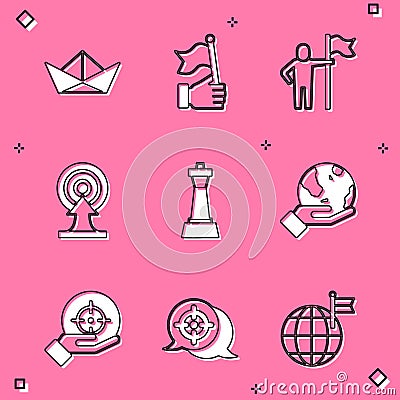Set Folded paper boat, Hand holding flag, Man, Target with arrow, Chess, Earth globe, and icon. Vector Vector Illustration
