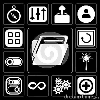 Set of Folder, Add, Settings, Infinity, Switch, Magic wand, Rest Vector Illustration