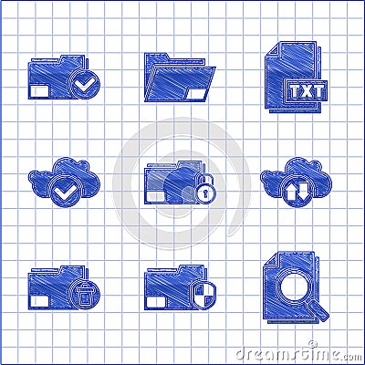 Set Folder and lock, Document folder protection, with search, Cloud download upload, Delete, check mark, TXT file Stock Photo