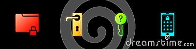 Set Folder and lock, Door handle, Undefined key and Mobile graphic password icon. Vector Vector Illustration