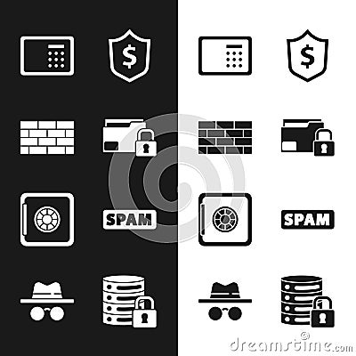 Set Folder and lock, Firewall, security wall, Safe, Shield with dollar, Spam, Server and Incognito mode icon. Vector Stock Photo