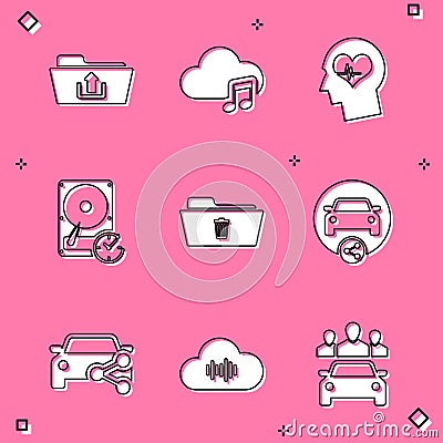 Set Folder upload, Music streaming service, Head with heartbeat, Hard disk drive clockwise, Delete folder and Car Vector Illustration