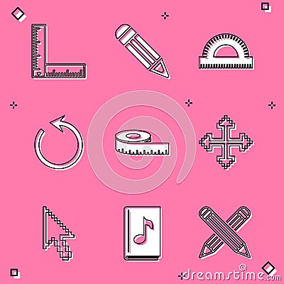 Set Folding ruler, Pencil, Protractor grid, Refresh, Tape measure, Pixel arrows four directions, cursor and Audio book Vector Illustration