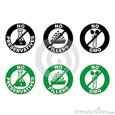 Set of food dietary labels for GMO free, fillers free and no fillers, no preservatives products. EPS 10. Badge vector Vector Illustration