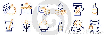 Set of Food and drink icons, such as Coffee shop, Beer bottle, Tea mug. Vector Vector Illustration