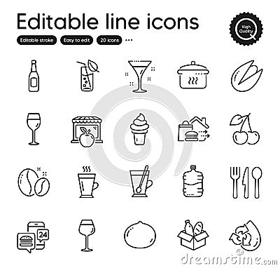 Set of Food and drink outline icons. Contains icons as Cherry, Recycle water and Beer elements. For website. Vector Stock Photo
