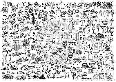 Set of food and drinks doodle on white background. Vector Illustration