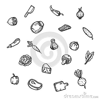 Set of food hand drawn doodles. Vector Illustration