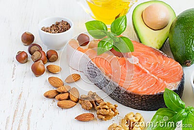 Set of food with high content of healthy fats and omega 3 Stock Photo