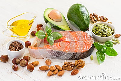 Set of food with high content of healthy fats and omega 3 Stock Photo