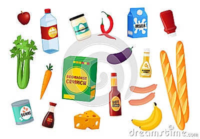 Set of Food Icons, Different Grocery Production Vegetables, Bread and Tin Cans with Packages, Sausages, Greenery or Milk Vector Illustration