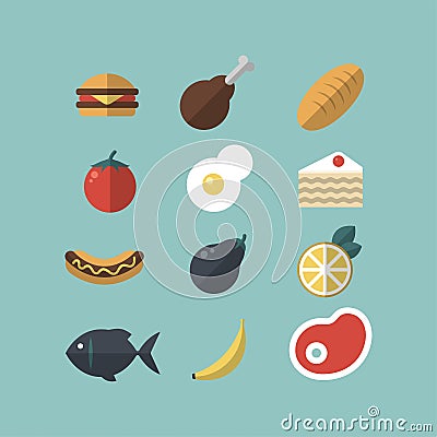 Set of food icons. Meat, vegetables, hot-dog, cake,bread, fish. Flat-style on blue background Vector Illustration