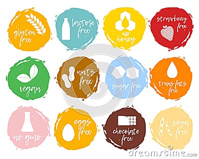 Set of food labels - allergens, GMO free products. Food intolerance symbols collection. Vector Illustration