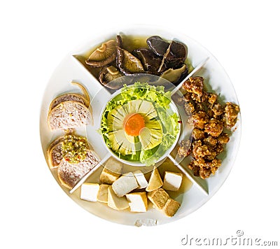 Set of food in round dish on white background Stock Photo