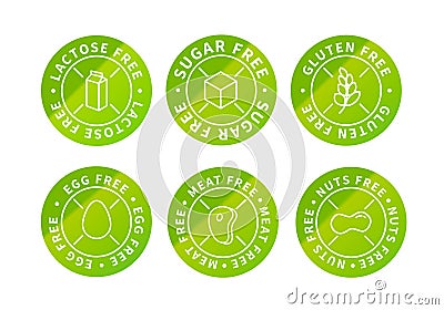 Set of food simple bright green eco icons, lactose free, sugar free, nuts free, egg free, meat free, gluten free on white Stock Photo