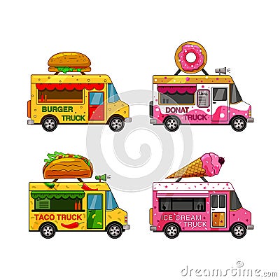 A set of food trucks on a white isolated background. Burger, ice cream, doughnut, taco. Vector Illustration
