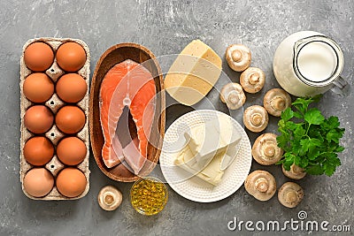 Set of foods rich in vitamin D on a gray background. The concept of healthy diet food. Top view, flat lay Stock Photo