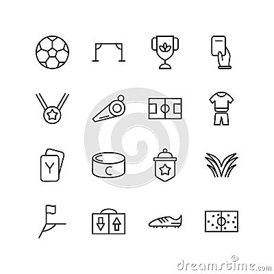 Set of football equipment line icon design, such as ball, goal post, medal, corner kick flag, cup, red card, jersey, field. Vector Illustration