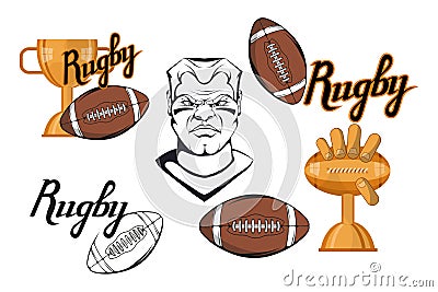 Set of Football player design elements. Hand drawn Rugby player. Cartoon soccer player. Set for football concept. Gold champions Vector Illustration