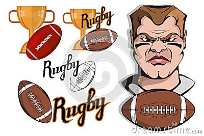 Set of Football player design elements. Hand drawn Rugby player. Cartoon soccer player. Set for football concept. Gold champions Vector Illustration