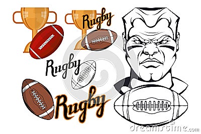 Set of Football player design elements. Hand drawn Rugby player. Cartoon soccer player. Set for football concept. Gold champions Vector Illustration