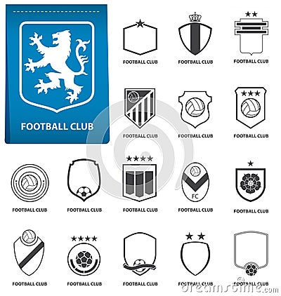 Set of football or soccer crest on blue tag in flat design. Football logo emblem. Football badge. Vector. Vector Illustration