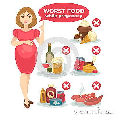 Set of forbidden food for pregnant woman and her baby. Vector Illustration