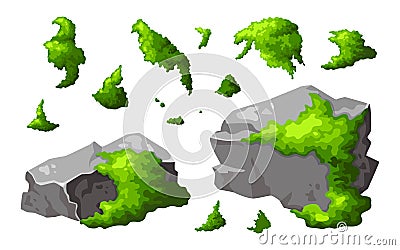 Set forest rock with moss. Gray stone brocken in cartoon. Mountain part of natural design shape. Vector illustration Vector Illustration