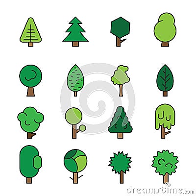 Set forest trees, evergreens coniferous trees and pine on white background Cartoon Illustration