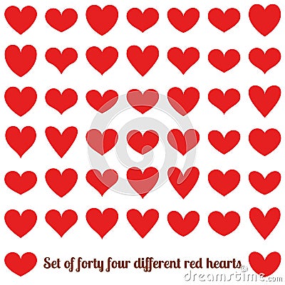 Set of forty four different red hearts, isolated on white. EPS 10 Vector Illustration