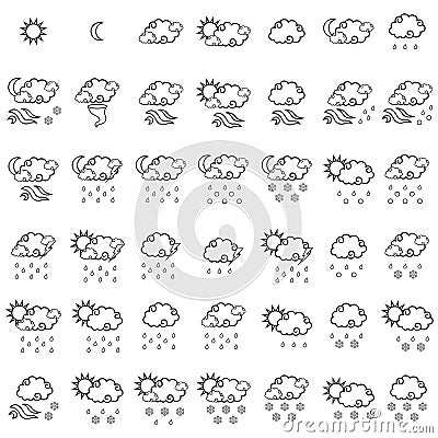 Set of forty two forecast black outline weather icons Vector Illustration